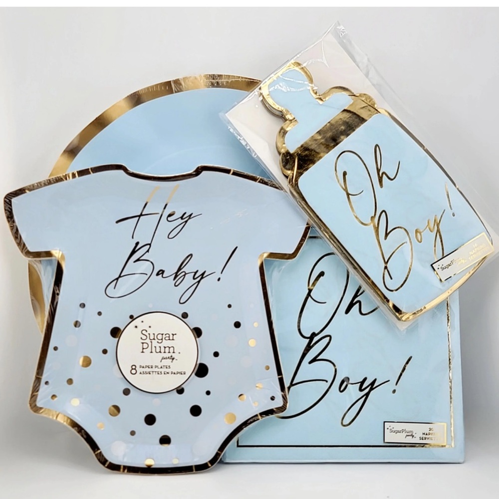 READ - NWT Baby Boy Blue Gold Plates Napkins Baby Shower Party Tableware
